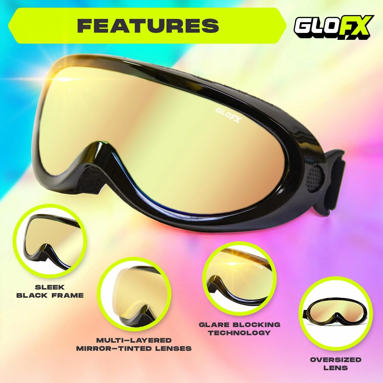 GloFX Ski Goggles - Cyberpunk Reflective Glasses, Full-Face Design, Comfort Foam Padding, Adjustable Strap, UV Protection