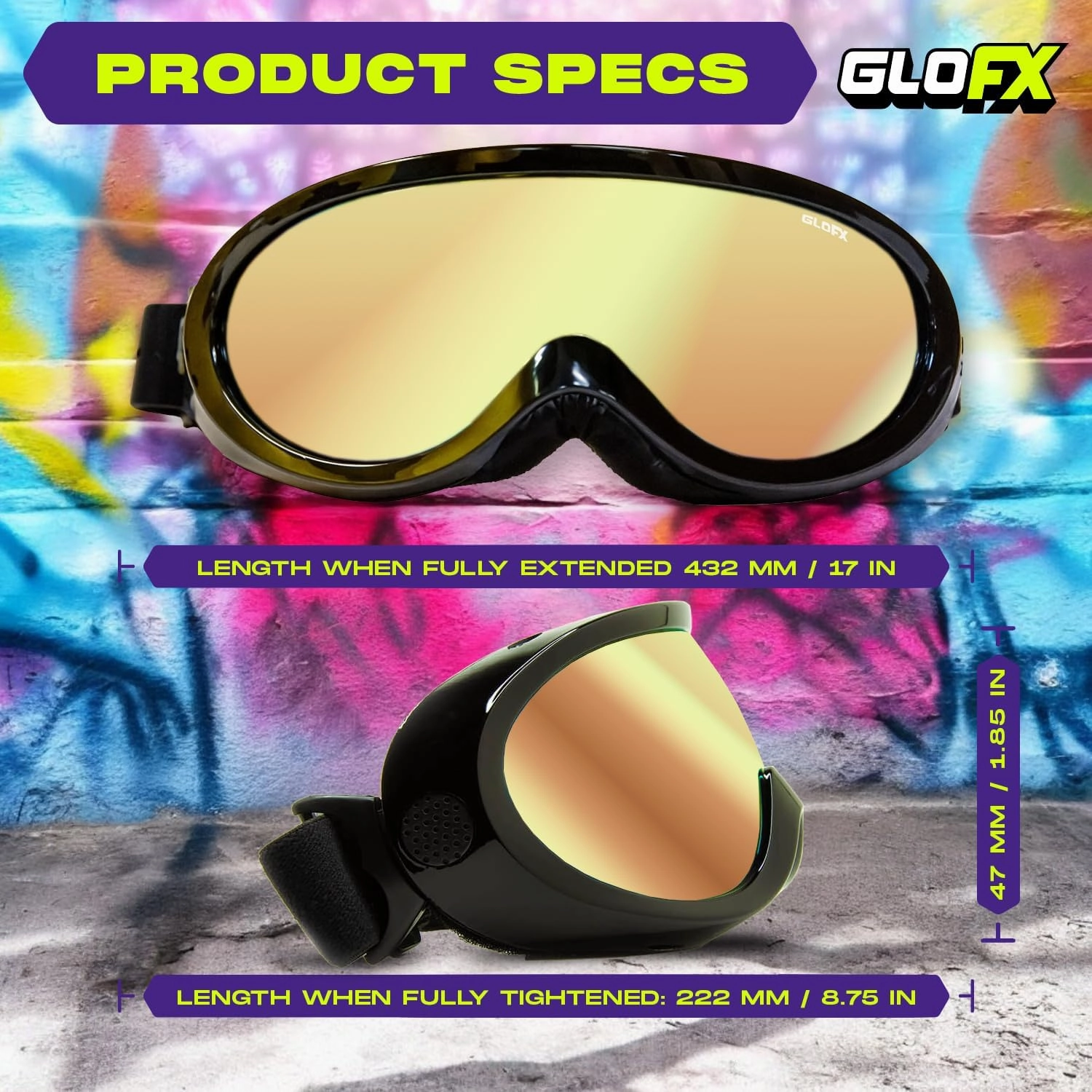 GloFX Ski Goggles - Cyberpunk Reflective Glasses, Full-Face Design, Comfort Foam Padding, Adjustable Strap, UV Protection