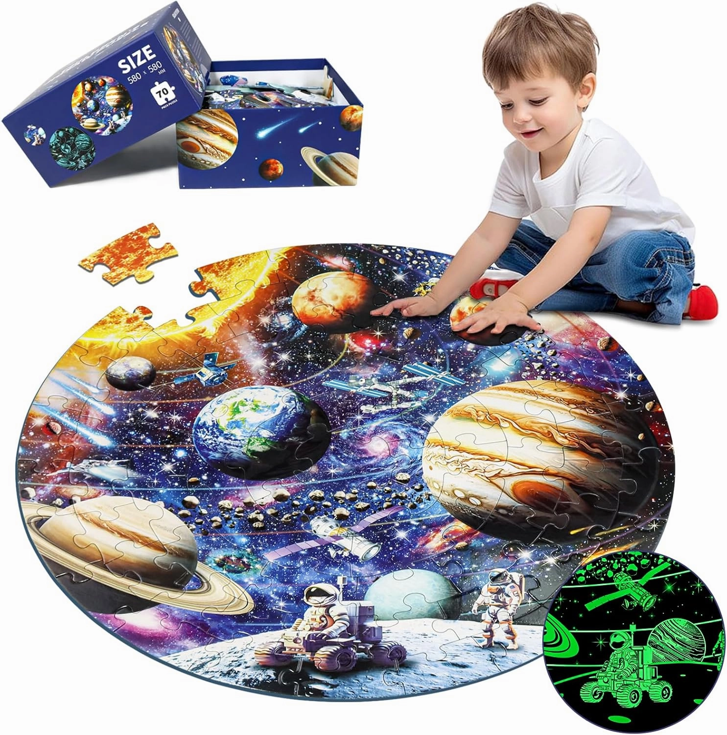 Glow in The Dark Solar System Jigsaw Puzzles for Kids Ages 4-8, 70 Pieces Kids Space Planet Floor Puzzle Toys Ages 8-10, Large Round Educational Puzzle Toys Gifts for Boys Girls Children