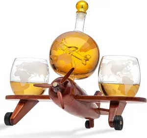 Godinger Whiskey Decanter Airplane Globe Set with 2 World Whiskey Glasses - for Liquor Scotch Bourbon Vodka