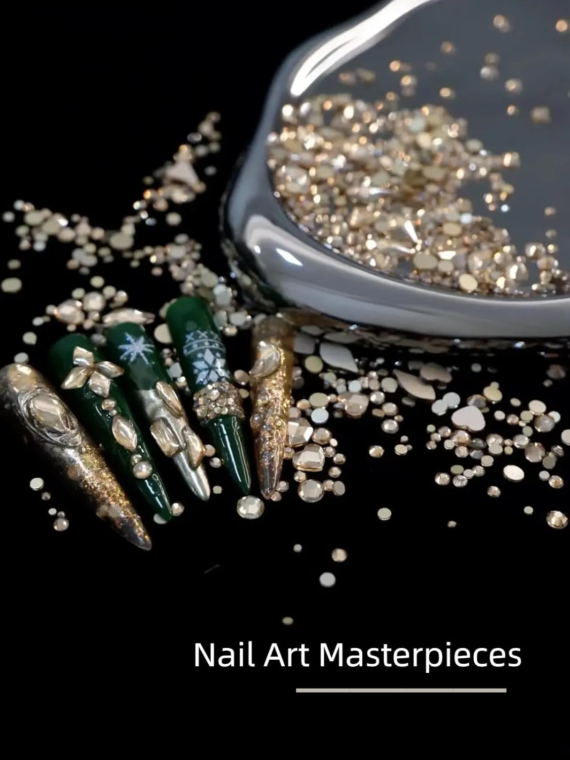 Gold Rhinestones for Nails, 6080Pcs Gold Nail Art Rhinestones Kit, 3D Flatback Crystals Diamonds for Nail Art Design, Mix Sizes Nail Charms and Gems(Picking Pen and Tweezers Included)