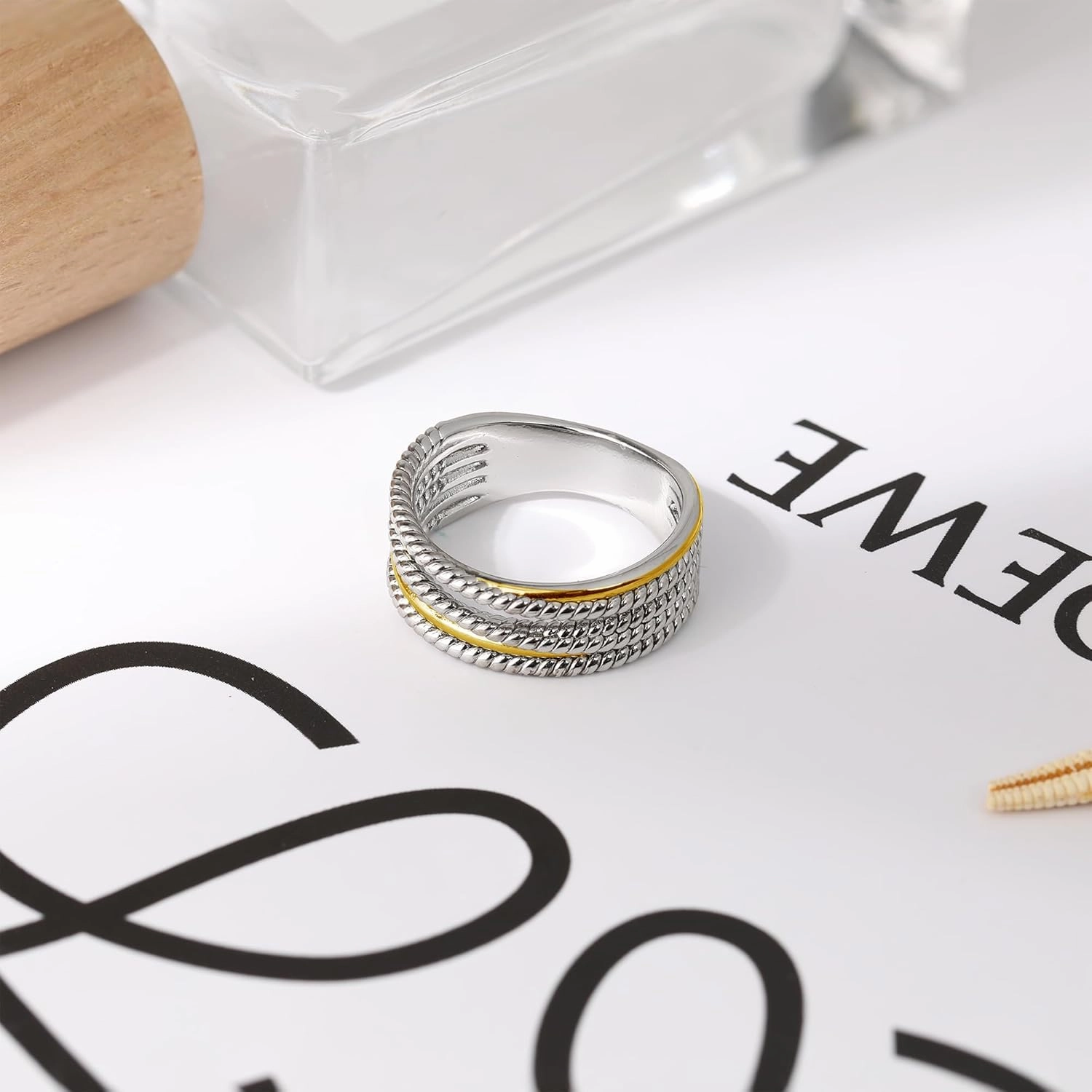 Gold and Silver Statement Rings for Women - Cable Wire Intertwined Design Two Tone Rings - Vintage Silver Vintage Rings Cocktail Jewelry