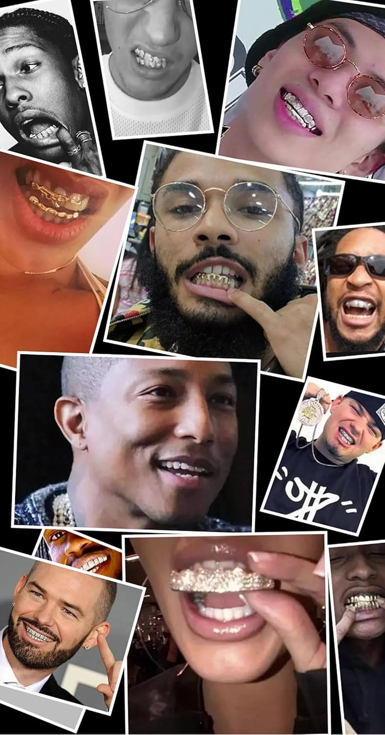 Gold Hip Hop Teeth Grillz for Men Women Punk Style Rapper Teeth Grillz 8 Teeth Caps Top Bottom Set Sparkling Cubic Zirconia Teeth Grilz Christmas Birthday Party Costume Jewelry