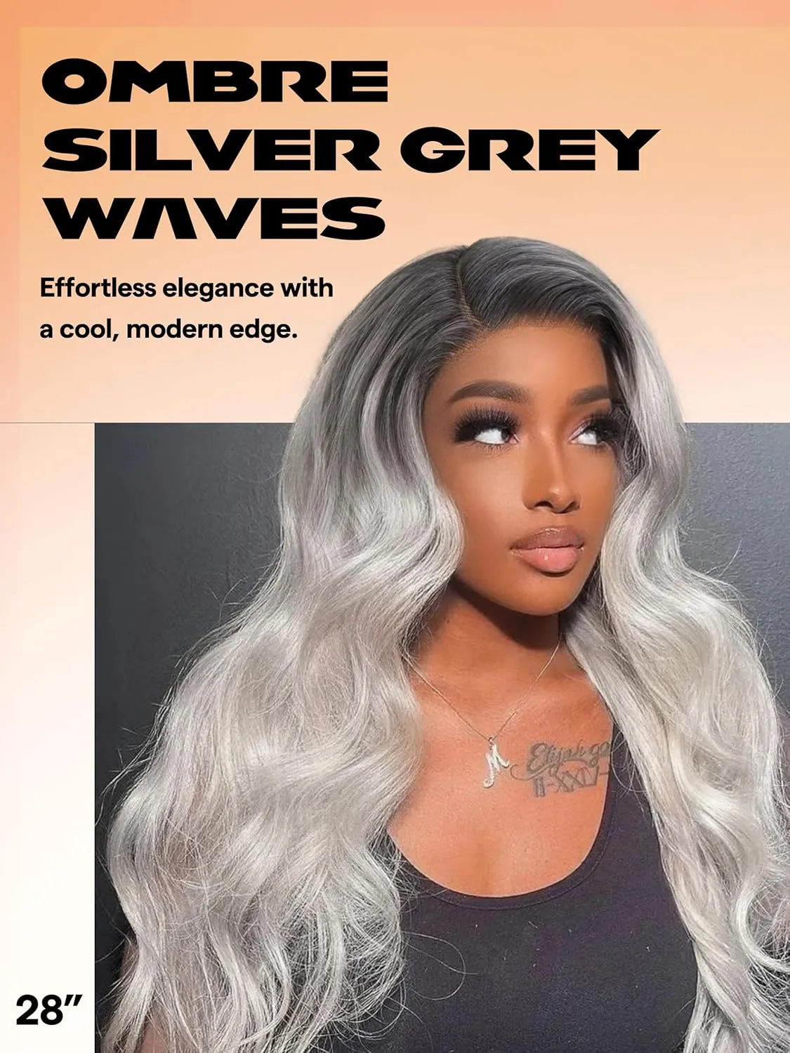 GORGIUS Silver Gray Loose Body Wave Lace Front Wig with Dark Root Pre Cut Synthetic Long Wavy Wig For Women 28 Inch