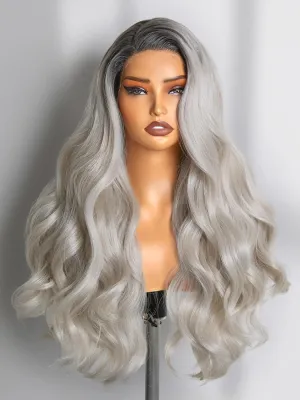 GORGIUS Silver Gray Loose Body Wave Lace Front Wig with Dark Root Pre Cut Synthetic Long Wavy Wig For Women 28 Inch