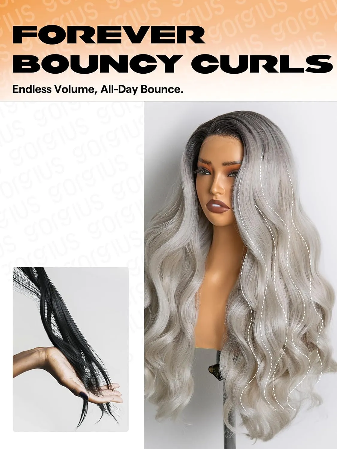 GORGIUS Silver Gray Loose Body Wave Lace Front Wig with Dark Root Pre Cut Synthetic Long Wavy Wig For Women 28 Inch