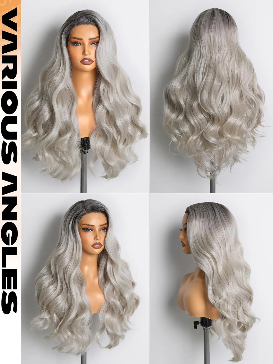 GORGIUS Silver Gray Loose Body Wave Lace Front Wig with Dark Root Pre Cut Synthetic Long Wavy Wig For Women 28 Inch