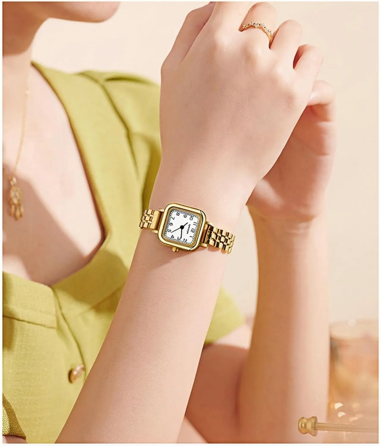 Gosasa Vintage Square Watches for Women Updated Ladies Quartz Wrist Watches Stainless Steel Band Womens Small Gold Watch Luxury Casual Fashion Bracelet