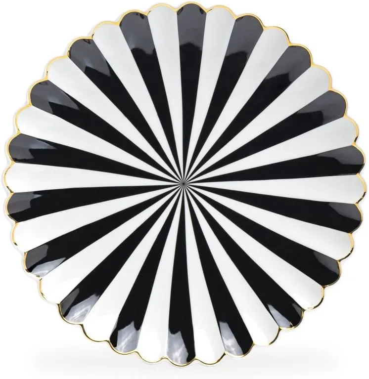 Grace Teaware Beetlejuice Black and White Scallop Shaped Fine Porcelain 8.5-inch Dessert Salad Plate Set of 1, One plate