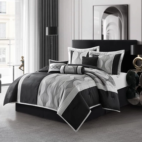Grand Avenue Black and Silver Comforter Set King Size, 7 Pieces Bedding & Collection, Jacquard All Season Comforter & Pillows, Ultra-Soft Microfiber