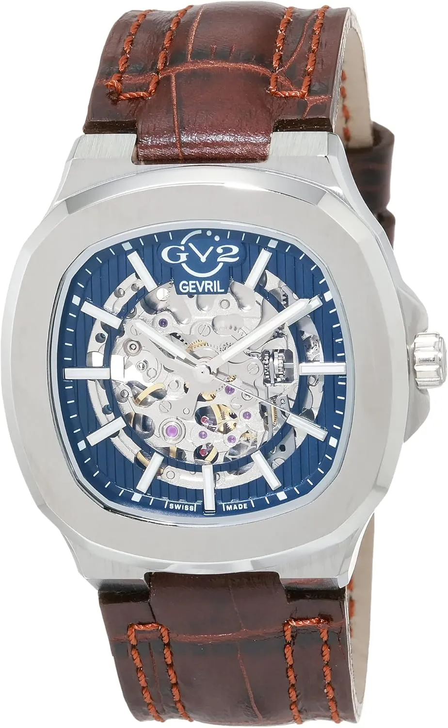 GV2 Men's Swiss Automatic Watch from The Potente Collection, Genuine Hand Made Italian Leather Strap, Silver