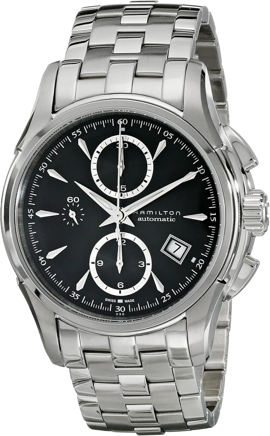 Hamilton Watch Jazzmaster Auto Chrono | Swiss Made | 42mm Stainless Steel Case | Black Dial Analog Watch | Silver Stainless Steel Bracelet (Model: H32616133)