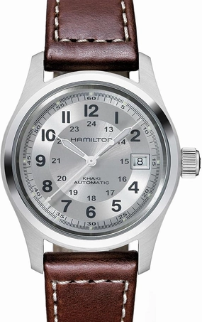 Hamilton Watch Khaki Field Auto | Swiss Made | 38mm Stainless Steel Case | Silver Dial Analog Watch | Brown Leather Strap (Model: H70455553)