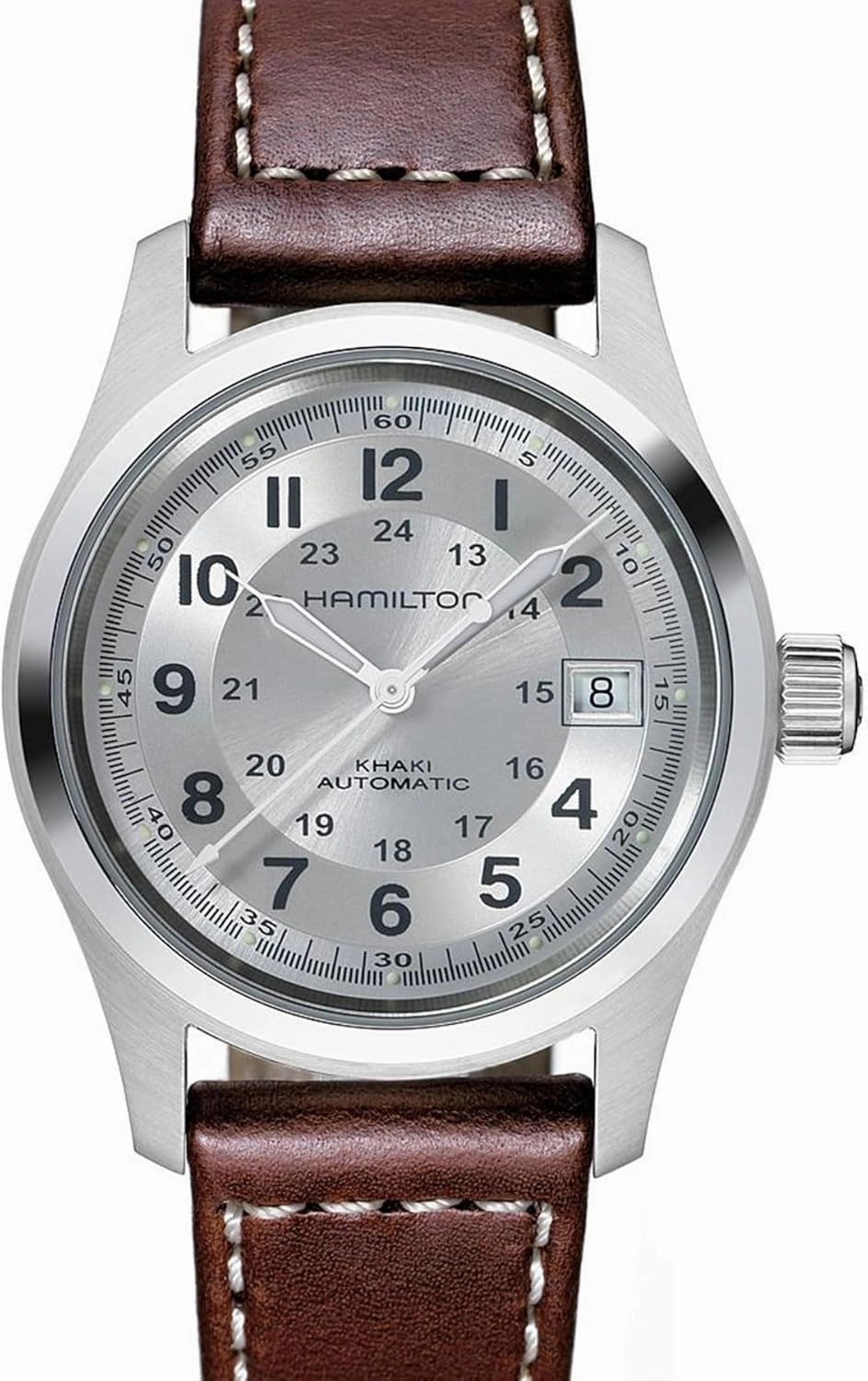 Hamilton Watch Khaki Field Auto | Swiss Made | 38mm Stainless Steel Case | Silver Dial Analog Watch | Brown Leather Strap (Model: H70455553)