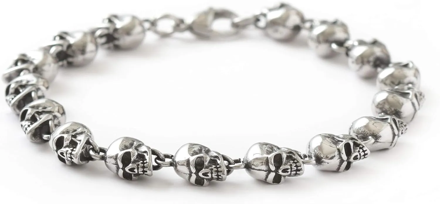 HAQUIL Stainless Steel Skull Bead Linked Strand Bracelet for Men and Women, Gothic Punk Rock Biker Skull Jewelry Gift