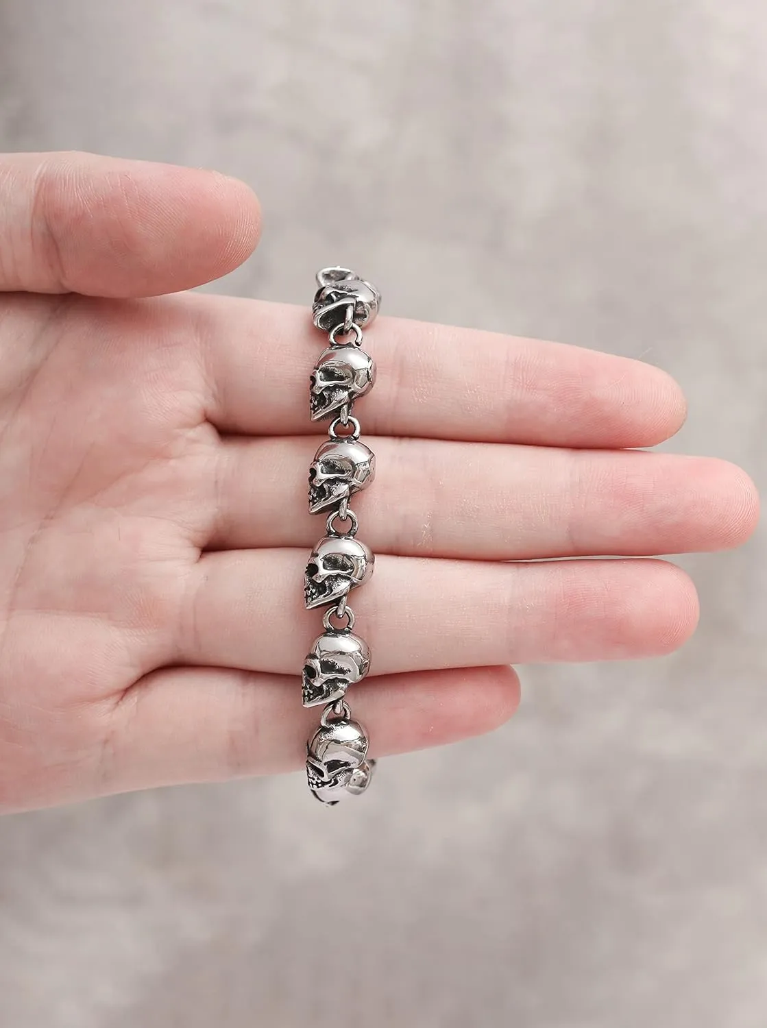 HAQUIL Stainless Steel Skull Bead Linked Strand Bracelet for Men and Women, Gothic Punk Rock Biker Skull Jewelry Gift