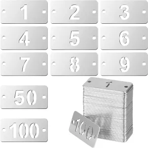 Hicarer Metal Numbered Tags Stainless Steel Number ID Key Tags with Holes Numbered Key Rings Chain(1-100, Rectangle,1.57 x 0.79 Inches)
