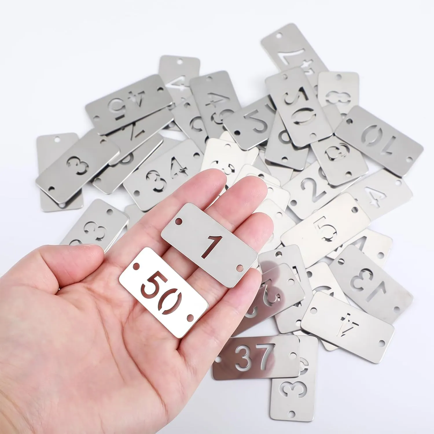 Hicarer Metal Numbered Tags Stainless Steel Number ID Key Tags with Holes Numbered Key Rings Chain(1-100, Rectangle,1.57 x 0.79 Inches)
