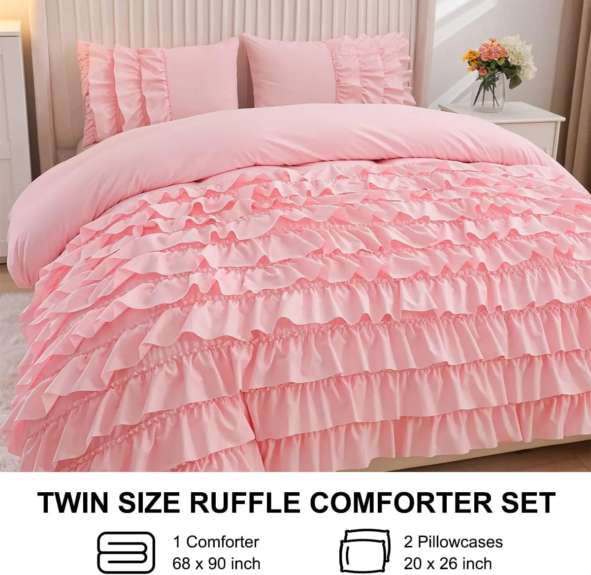 Holawakaka Pink Waterfall Ruffle Comforter Set Twin Size Multi-Layers Ruffled Shabby Chic 3PCS Bedding Set for Girls Women