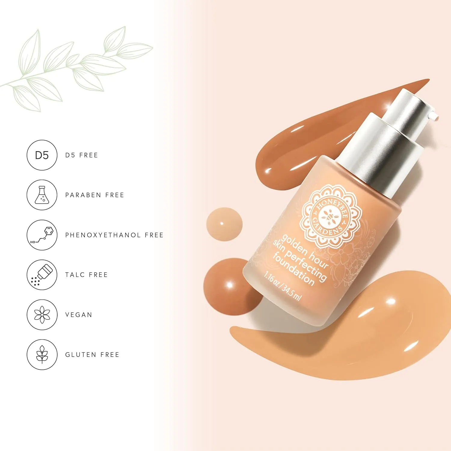 Honeybee Gardens Golden Hour Foundation In Montego, Warm Tan Neutral For Deeper Skin Tones, Skin-Perfecting, Luminous Finish, Vegan, 34.5ml