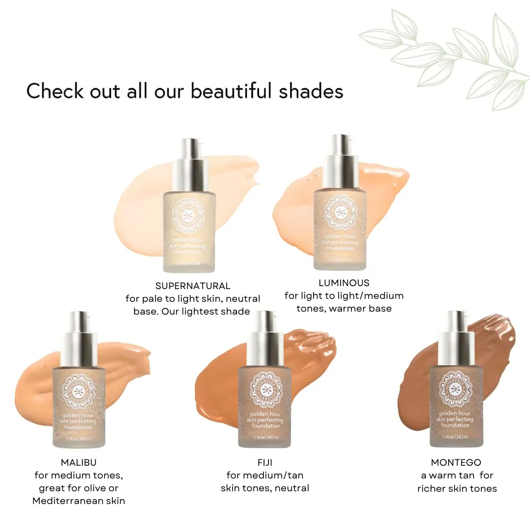 Honeybee Gardens Golden Hour Foundation In Montego, Warm Tan Neutral For Deeper Skin Tones, Skin-Perfecting, Luminous Finish, Vegan, 34.5ml