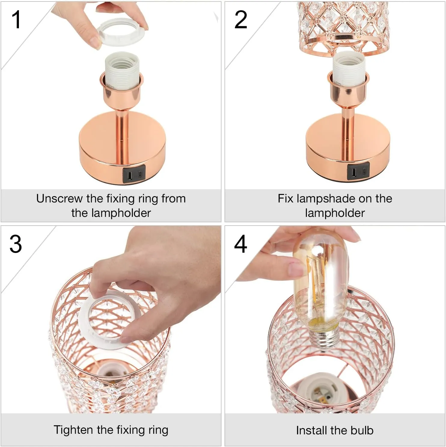 Hong-in Crystal Table Lamp - 3-Way Dimmable Touch Control, Rose Gold Bedside Lamp with USB C and A Ports, Nightstand Light for Living Room, Bedroom, Home Office (Bulb Included)