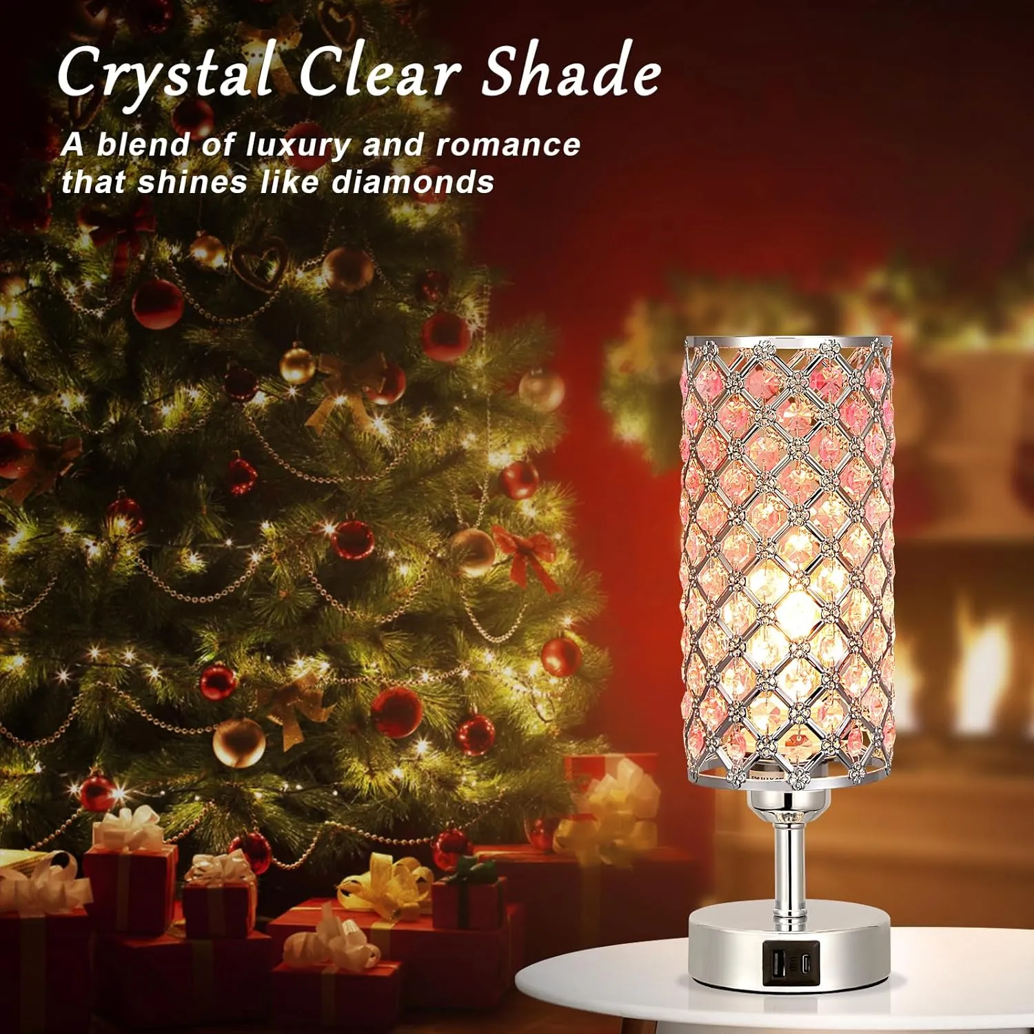 Hong-in Crystal Table Lamp, Pink Touch Lamp with USB C A Ports, 3 Way Dimmable Bedroom Light with Crystal Shade, Bedside Nightstand Small Lamp for Girl Bedroom, Living Room(Buld Included)