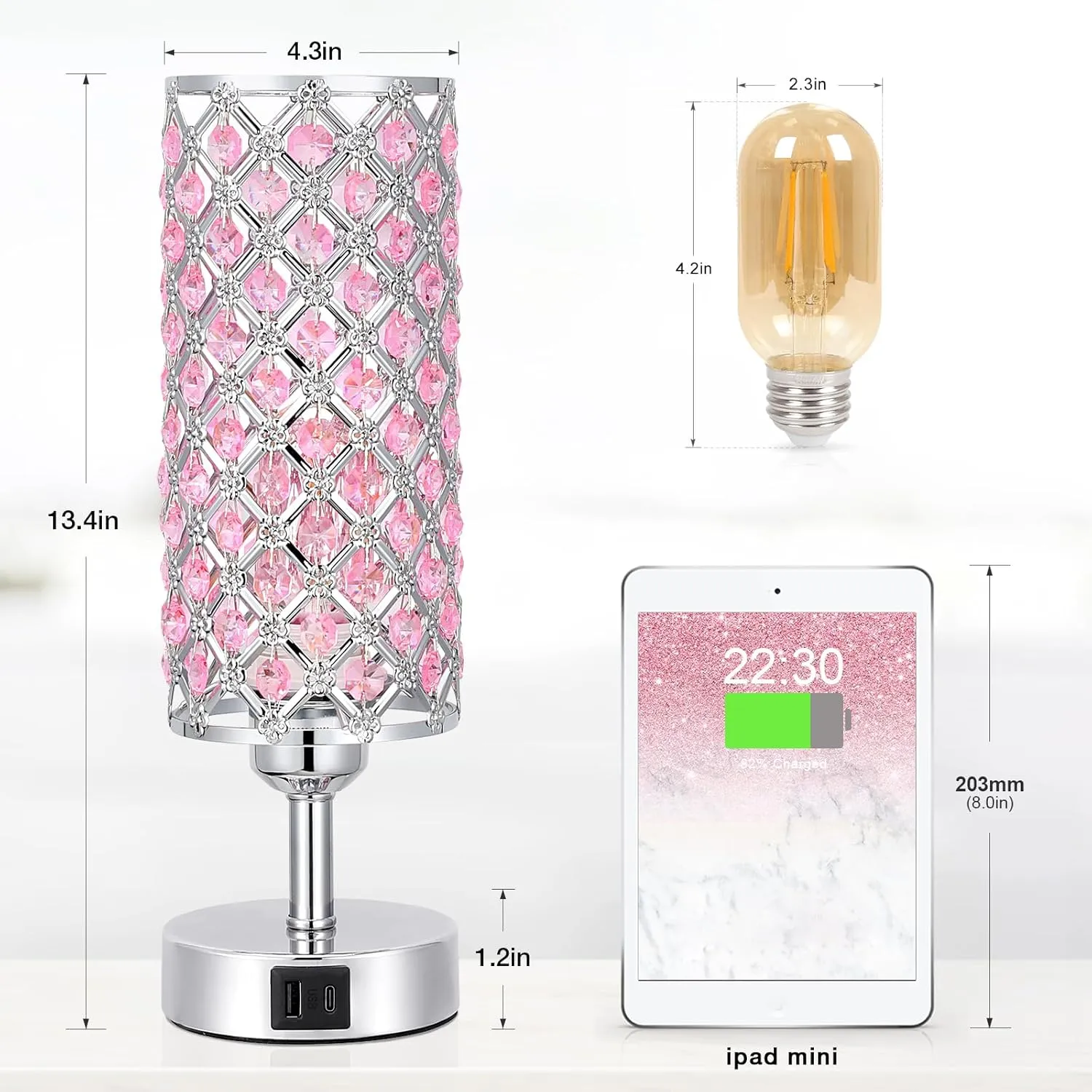 Hong-in Crystal Table Lamp, Pink Touch Lamp with USB C A Ports, 3 Way Dimmable Bedroom Light with Crystal Shade, Bedside Nightstand Small Lamp for Girl Bedroom, Living Room(Buld Included)