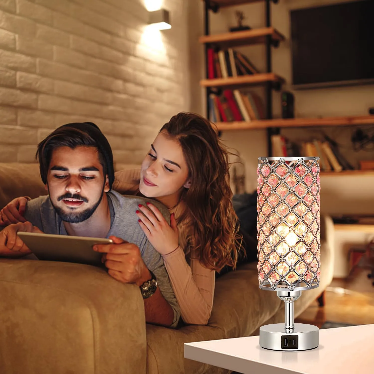 Hong-in Crystal Table Lamp, Pink Touch Lamp with USB C A Ports, 3 Way Dimmable Bedroom Light with Crystal Shade, Bedside Nightstand Small Lamp for Girl Bedroom, Living Room(Buld Included)