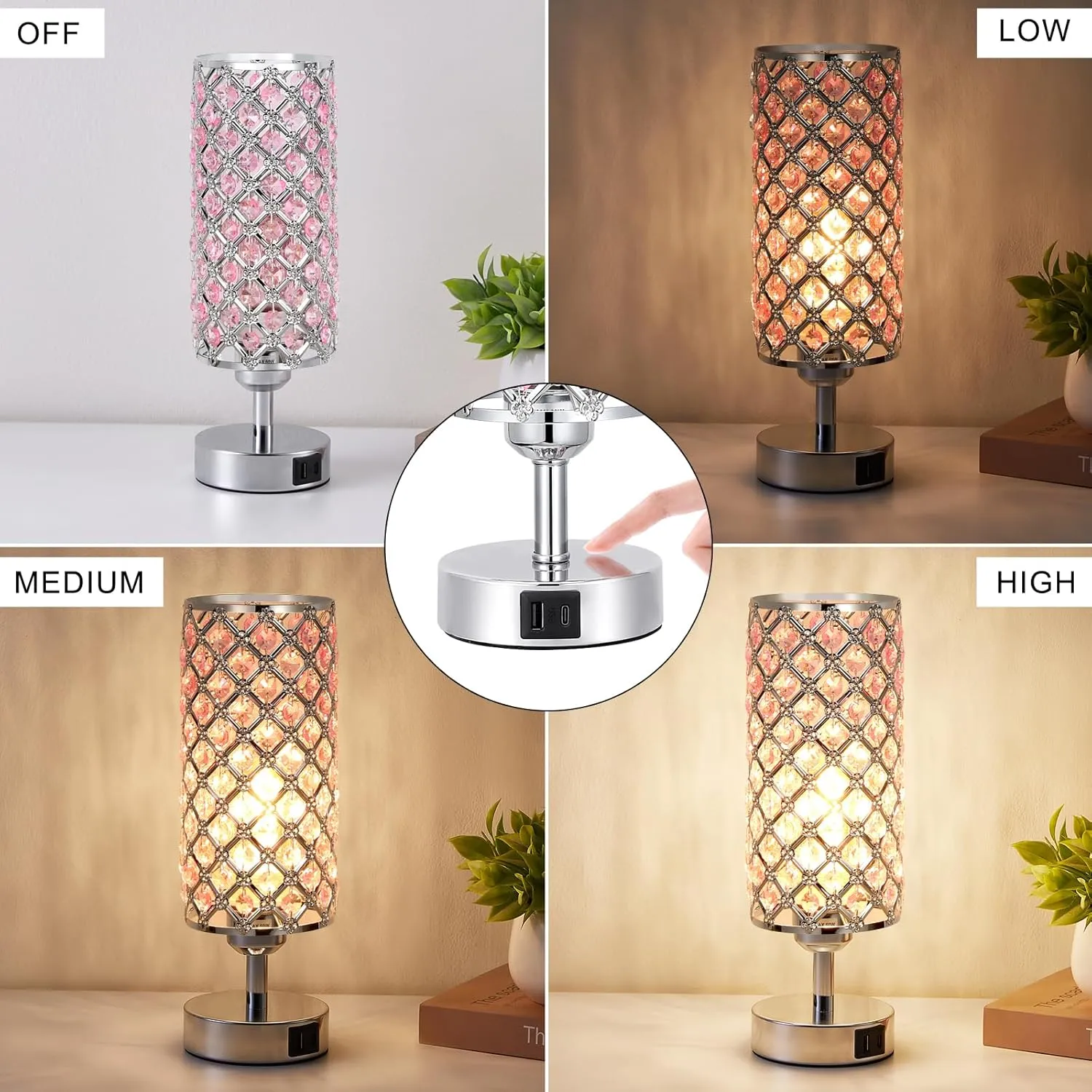 Hong-in Crystal Table Lamp, Pink Touch Lamp with USB C A Ports, 3 Way Dimmable Bedroom Light with Crystal Shade, Bedside Nightstand Small Lamp for Girl Bedroom, Living Room(Buld Included)