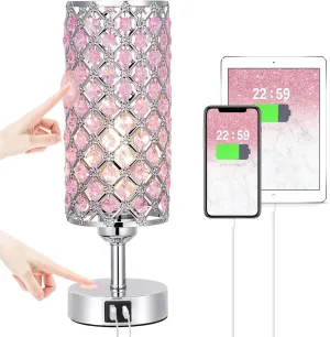 Hong-in Crystal Table Lamp, Pink Touch Lamp with USB C A Ports, 3 Way Dimmable Bedroom Light with Crystal Shade, Bedside Nightstand Small Lamp for Girl Bedroom, Living Room(Buld Included)