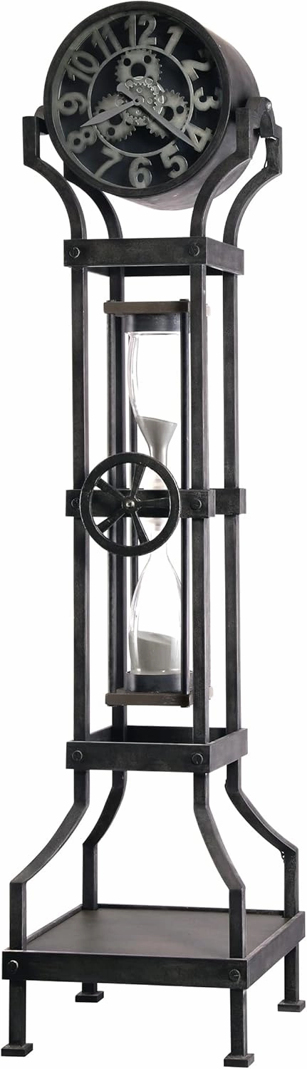 Howard Miller Hourglass III Floor Clock, Black Finish Hourglass Accent Sand Timer & Incandescent Light Bulb with Metal Frame, Arabic Numerals Perfect Timepiece for Office & Home Decor