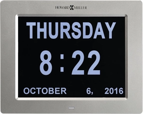 Howard Miller Memory Wall Clock 625-632 – Satin Silver Case, LED-Backlit Display, 12/24 Hour Time Display, Multi-Lingual, Modern Home Decor, AC Powered