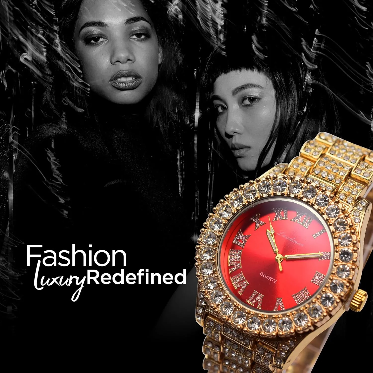 Iced Out 44MM Colorful Dial Gold Plated Big Diamond Roman Numeral Watch, Full Icy Cuban Link 18 Inch Necklace Chain, Bracelet Luxury Bling Gift Set