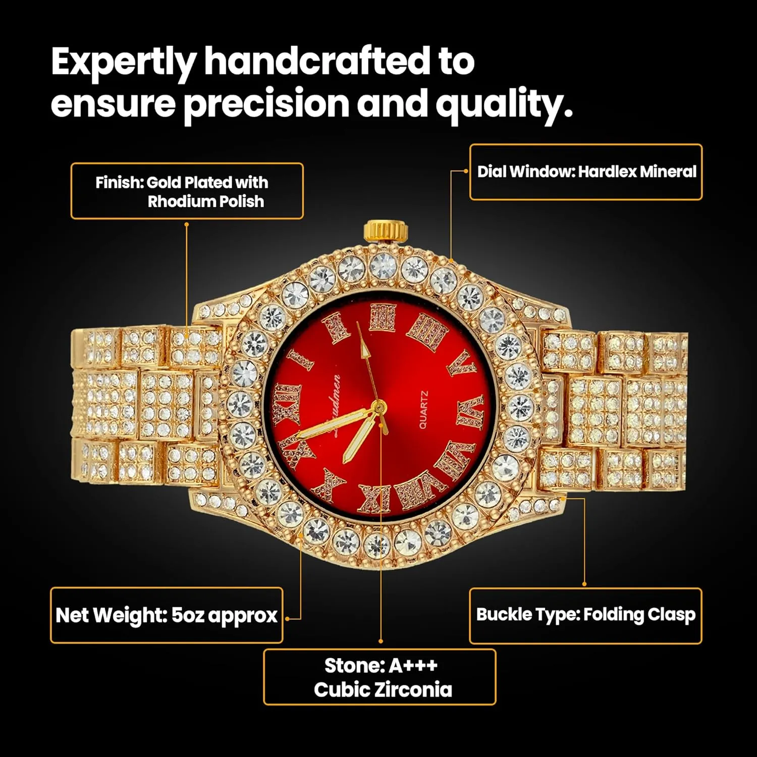 Iced Out 44MM Colorful Dial Gold Plated Big Diamond Roman Numeral Watch, Full Icy Cuban Link 18 Inch Necklace Chain, Bracelet Luxury Bling Gift Set