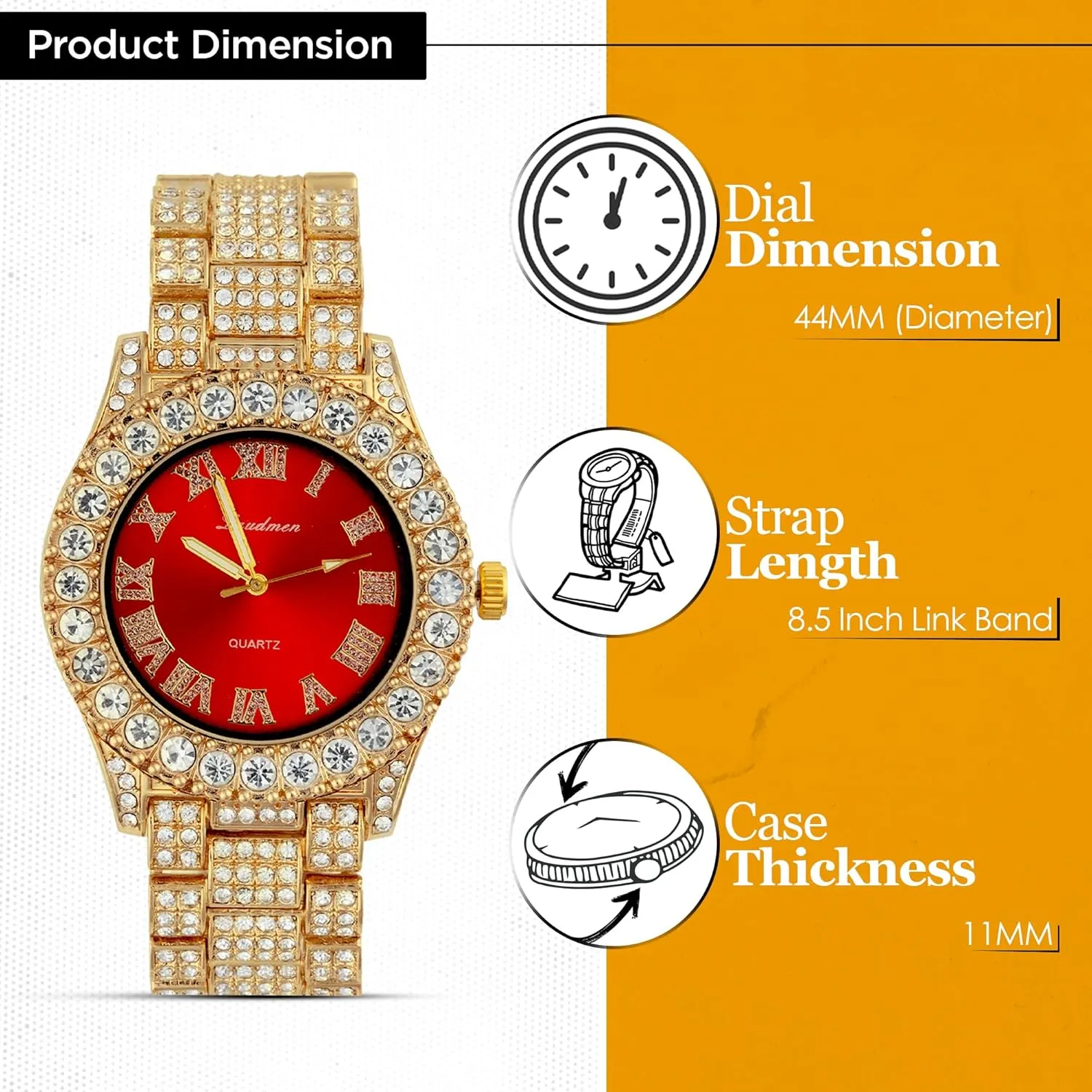Iced Out 44MM Colorful Dial Gold Plated Big Diamond Roman Numeral Watch, Full Icy Cuban Link 18 Inch Necklace Chain, Bracelet Luxury Bling Gift Set