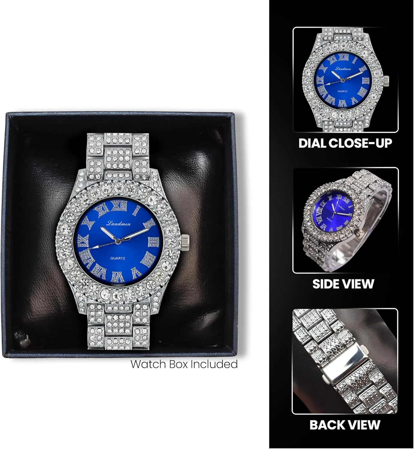 Iced Out 44MM Colorful Dial Gold Plated Big Diamond Roman Numeral Watch, Full Icy Cuban Link 18 Inch Necklace Chain, Bracelet Luxury Bling Gift Set