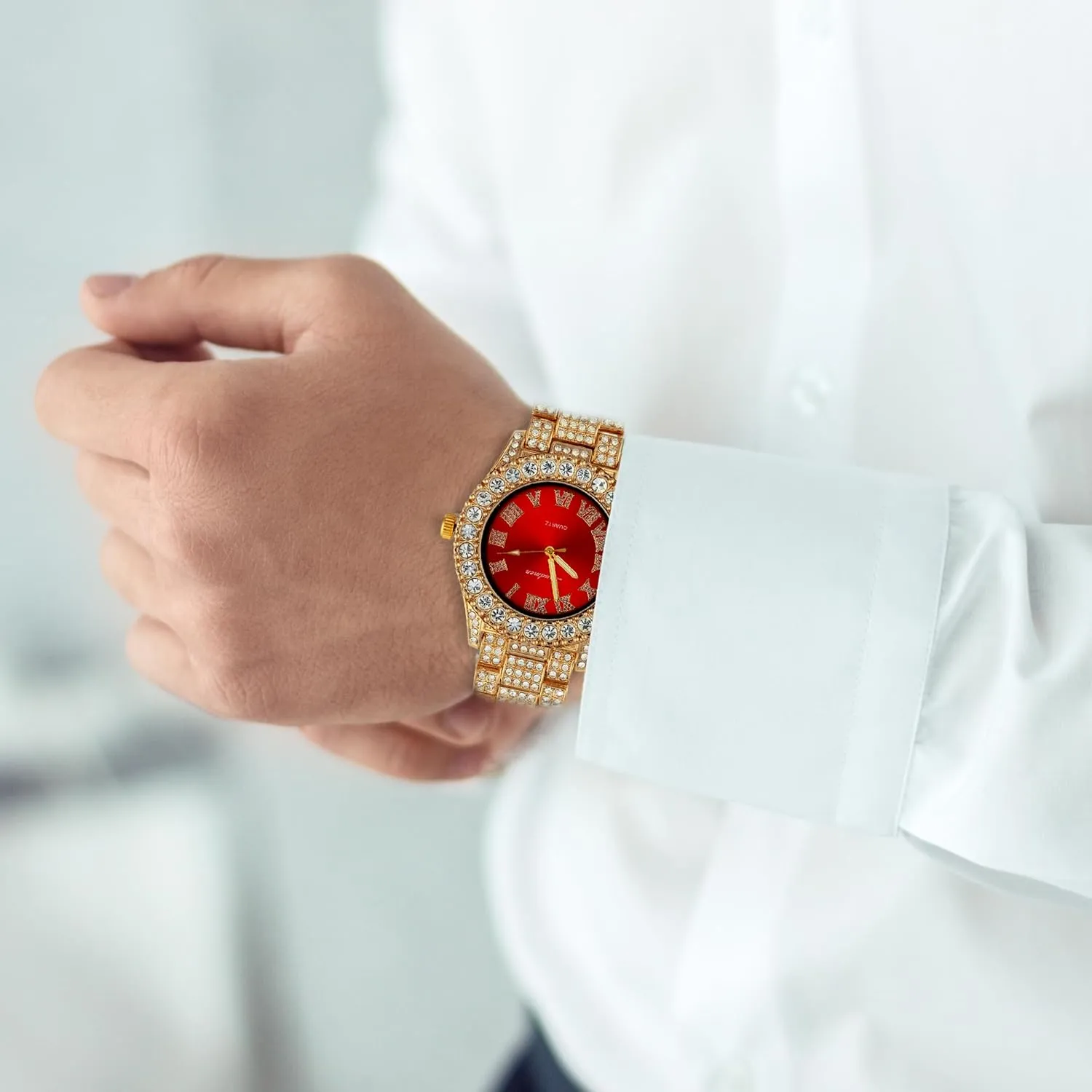 Iced Out 44MM Colorful Dial Gold Plated Big Diamond Roman Numeral Watch, Full Icy Cuban Link 18 Inch Necklace Chain, Bracelet Luxury Bling Gift Set