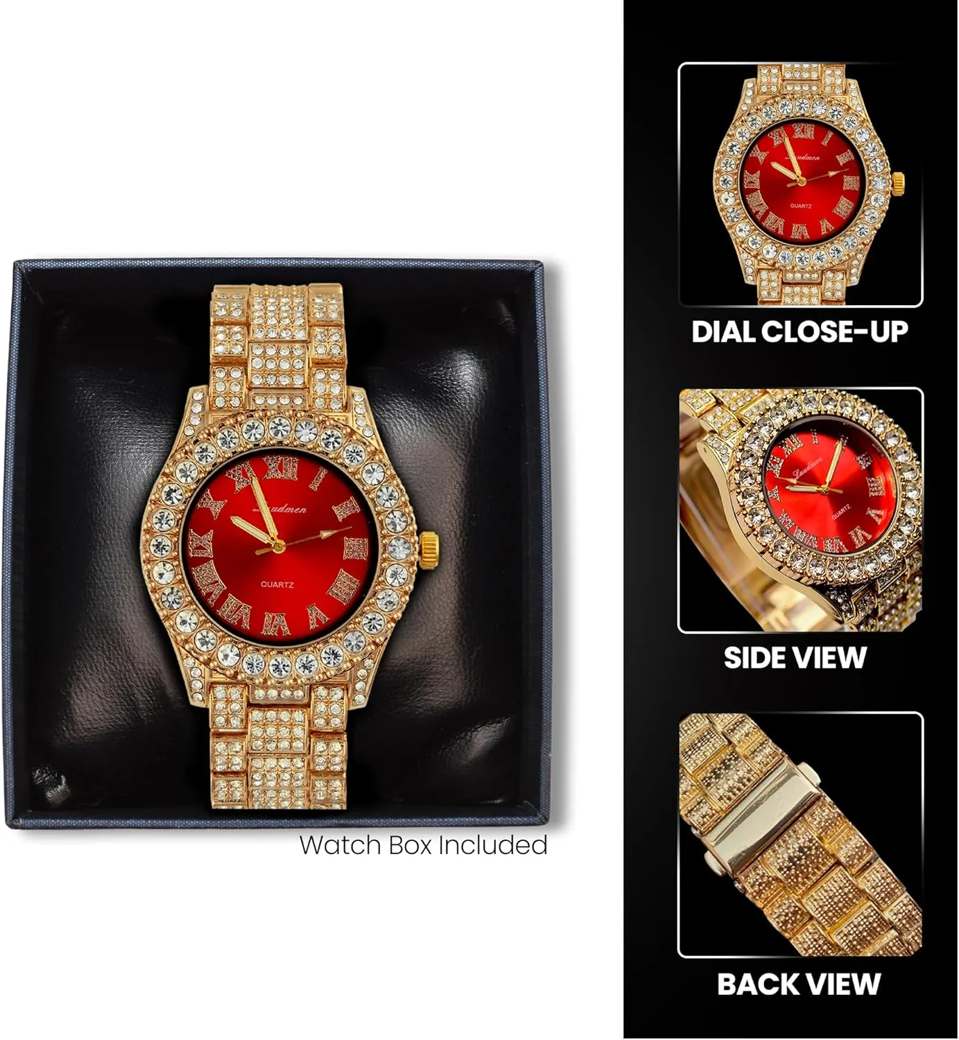 Iced Out 44MM Colorful Dial Gold Plated Big Diamond Roman Numeral Watch, Full Icy Cuban Link 18 Inch Necklace Chain, Bracelet Luxury Bling Gift Set