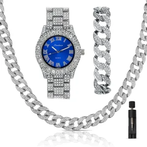Iced Out 44MM Colorful Dial Gold Plated Big Diamond Roman Numeral Watch, Full Icy Cuban Link 18 Inch Necklace Chain, Bracelet Luxury Bling Gift Set