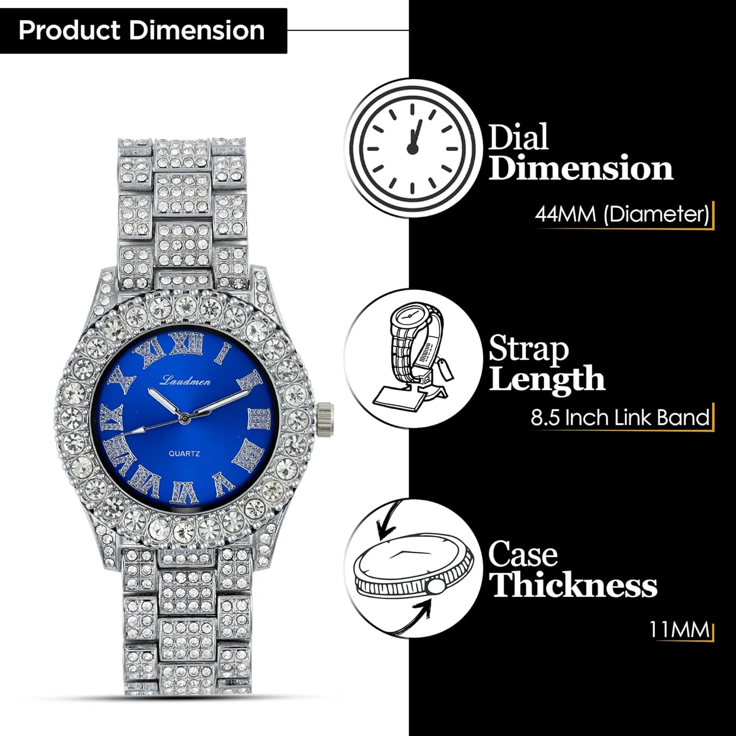 Iced Out 44MM Colorful Dial Gold Plated Big Diamond Roman Numeral Watch, Full Icy Cuban Link 18 Inch Necklace Chain, Bracelet Luxury Bling Gift Set