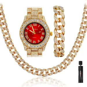 Iced Out 44MM Colorful Dial Gold Plated Big Diamond Roman Numeral Watch, Full Icy Cuban Link 18 Inch Necklace Chain, Bracelet Luxury Bling Gift Set