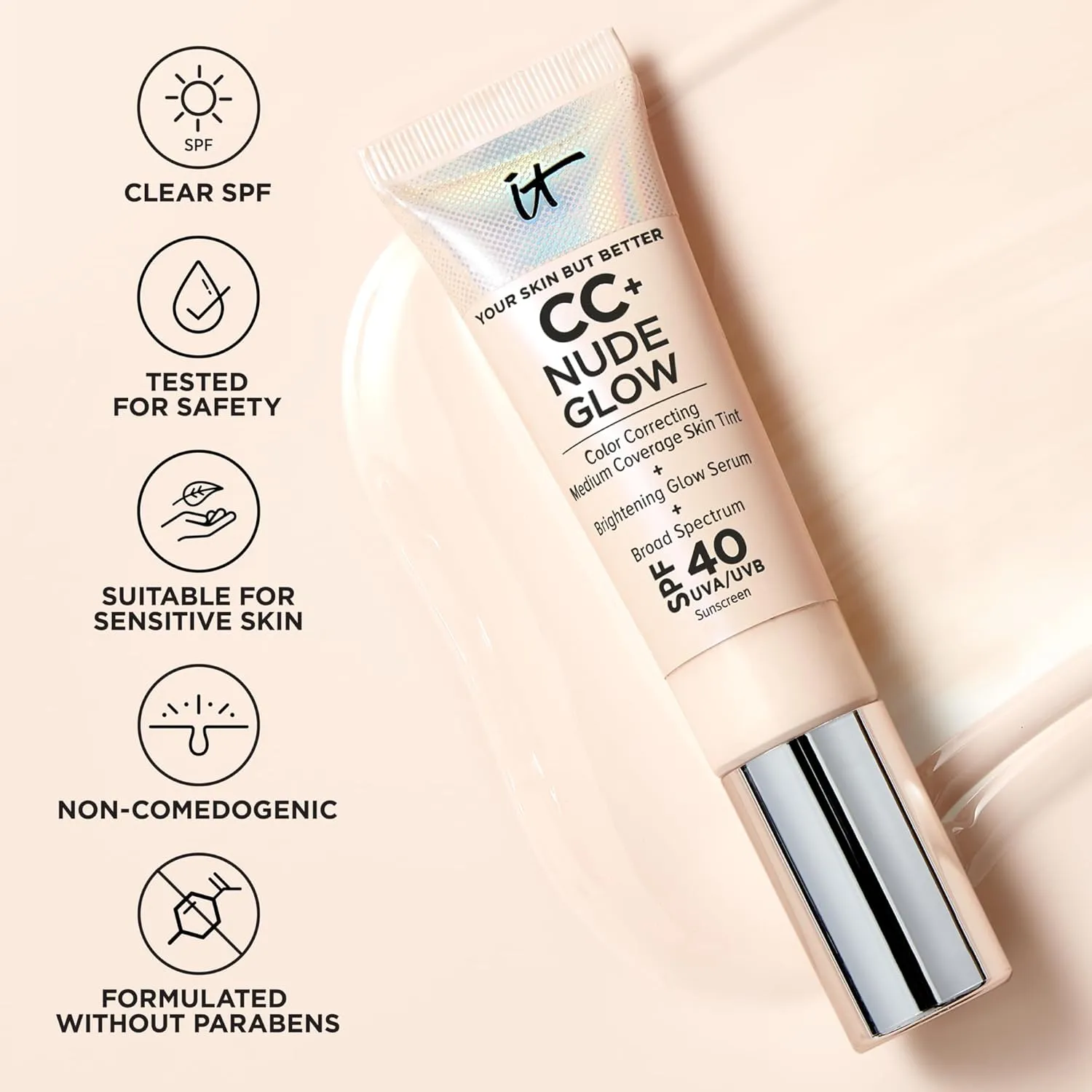 IT Cosmetics CC  Nude Glow Lightweight Foundation   Glow Serum with SPF 40 - With Niacinamide, Hyaluronic Acid & Green Tea Extract - 1.08 fl oz