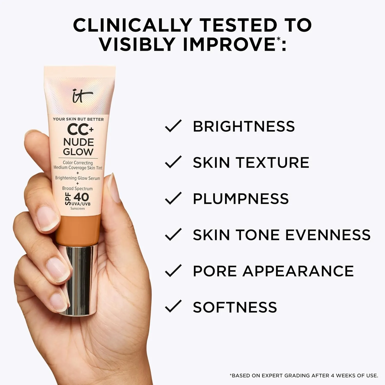 IT Cosmetics CC  Nude Glow Lightweight Foundation   Glow Serum with SPF 40 - With Niacinamide, Hyaluronic Acid & Green Tea Extract - 1.08 fl oz