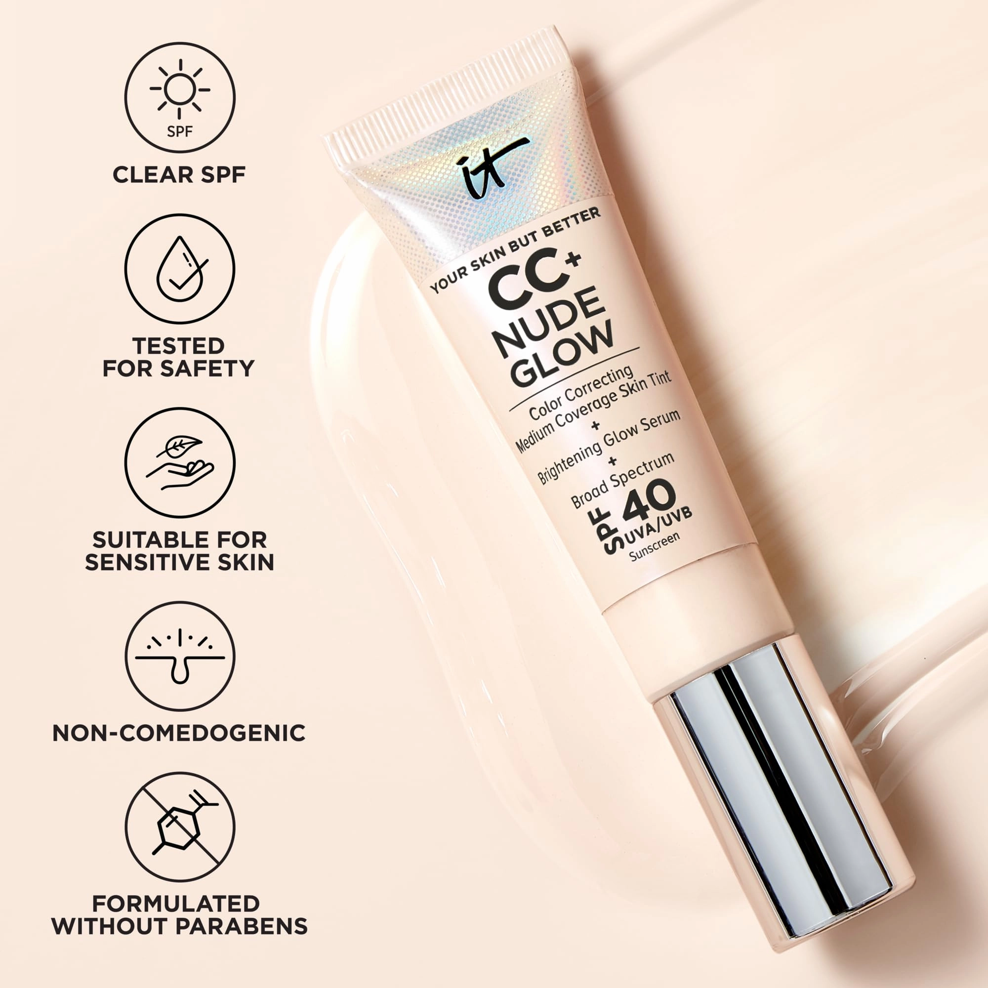 IT Cosmetics CC  Nude Glow Lightweight Foundation   Glow Serum with SPF 40 - With Niacinamide, Hyaluronic Acid & Green Tea Extract - Rich - 1.08 fl oz