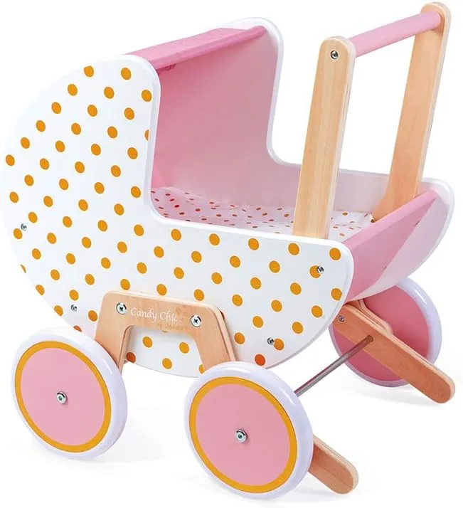 Janod - Candy Chic Wooden Pram - with Pillow and Blanket - Silent Rubber Wheels - Removable Anti-Tip System - Accessories for Dolls -from 18 Months, J05886