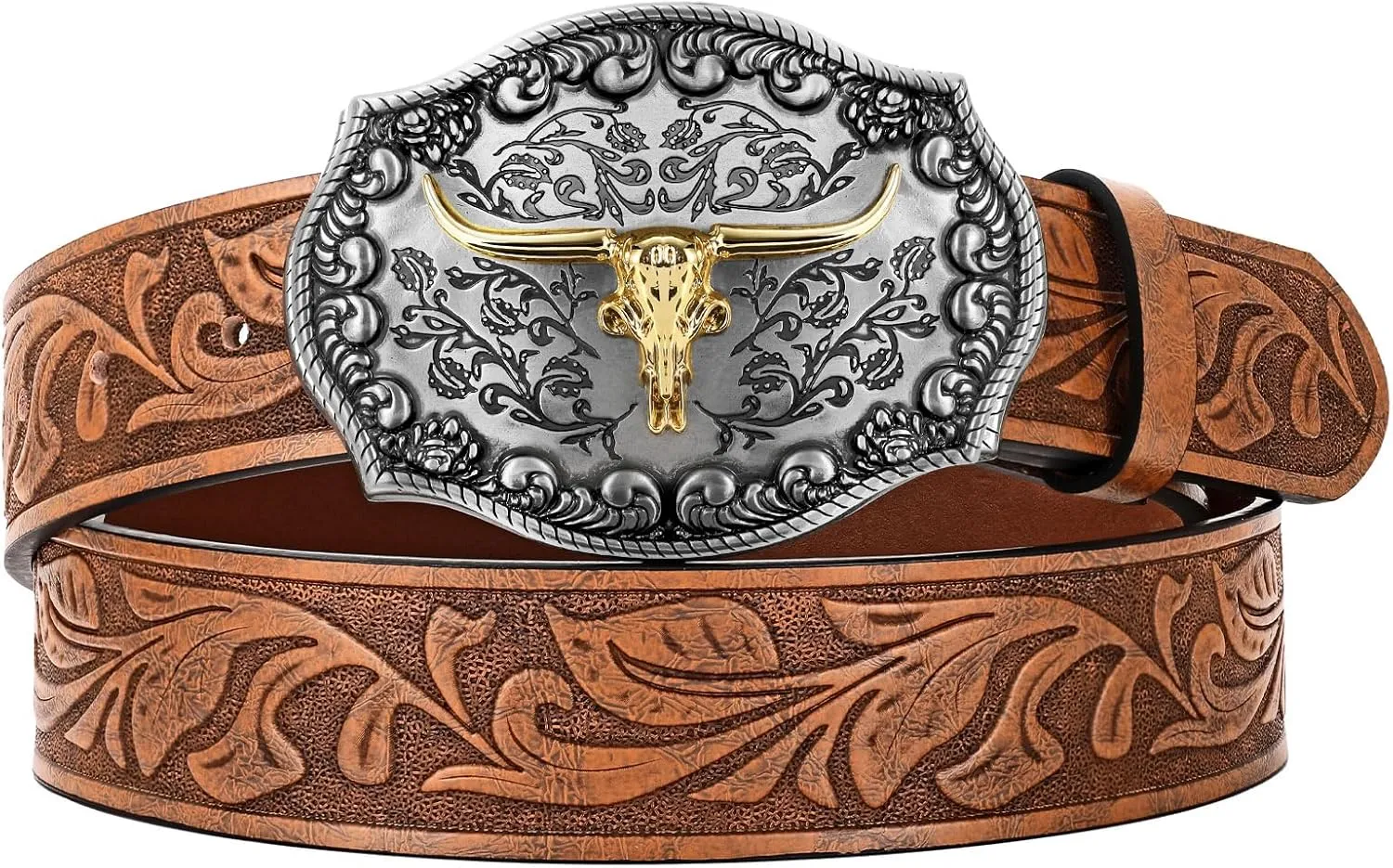 JASGOOD Men Leather Western Belt, Cowboy Cowgirl Country Belt with Longhorn Cow Vintage Engraved Buckle Belt for Jeans