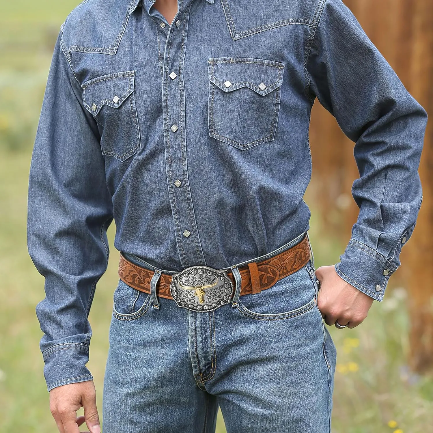 JASGOOD Men Leather Western Belt, Cowboy Cowgirl Country Belt with Longhorn Cow Vintage Engraved Buckle Belt for Jeans