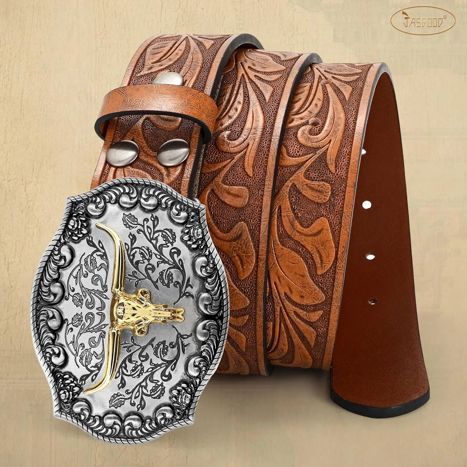 JASGOOD Men Leather Western Belt, Cowboy Cowgirl Country Belt with Longhorn Cow Vintage Engraved Buckle Belt for Jeans