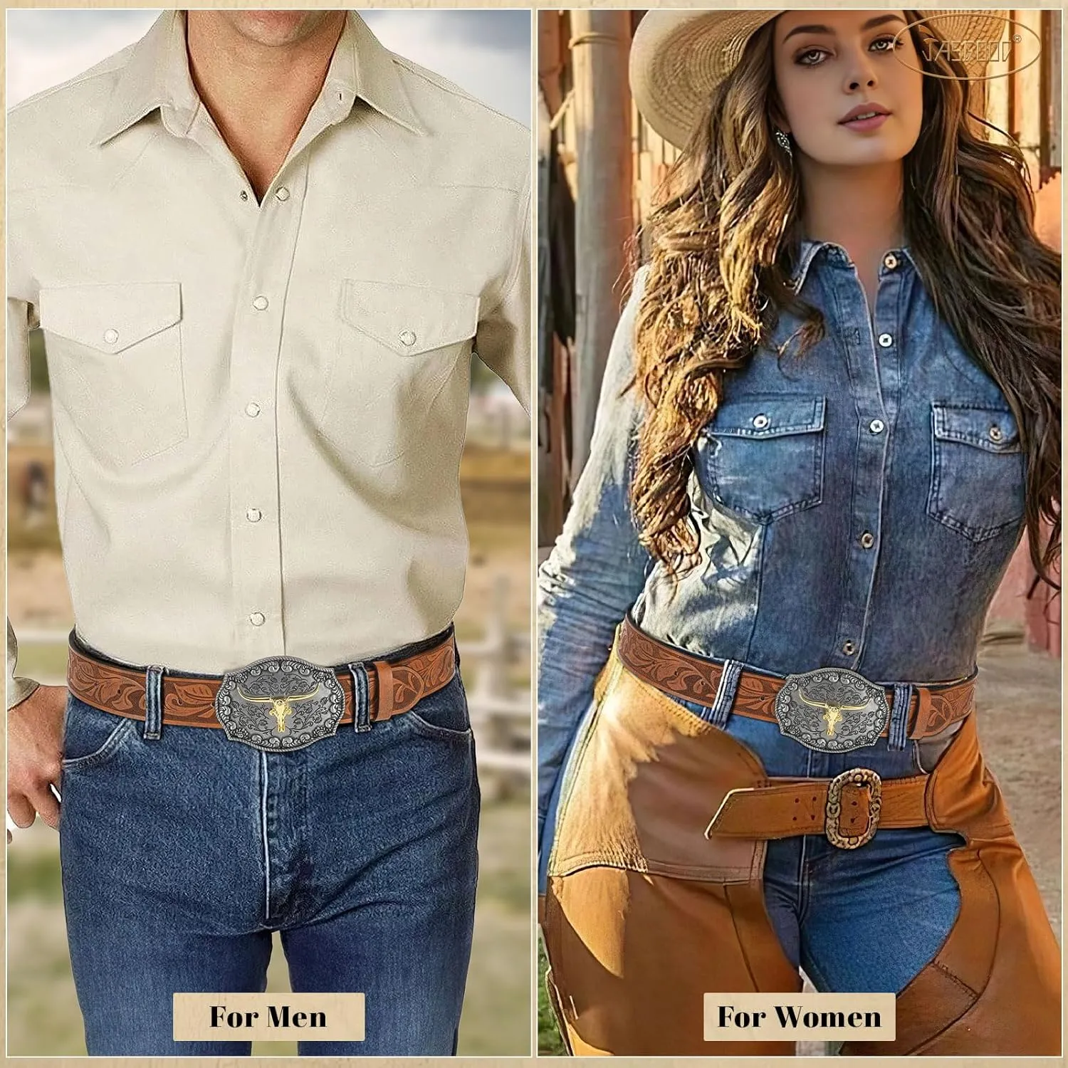 JASGOOD Men Leather Western Belt, Cowboy Cowgirl Country Belt with Longhorn Cow Vintage Engraved Buckle Belt for Jeans